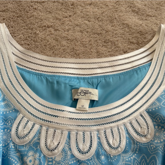 Ann Taylor LOFT Blue & White Floral Lace Trim Sleeveless Shift Dress Size 12 NWT - Picture 8 of 14
